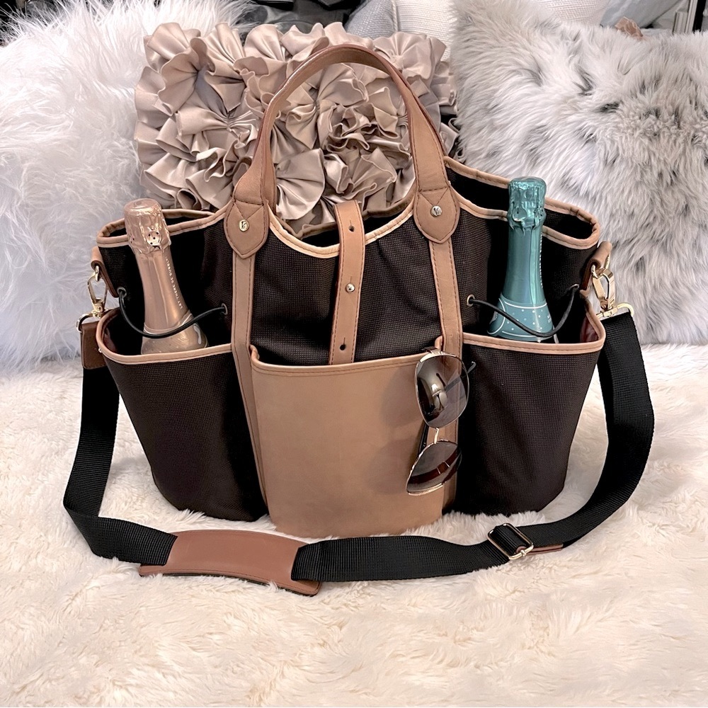 New Vinaferro Tan Brown Leather Trim Canvas Utility Wine Tote Travel Bag